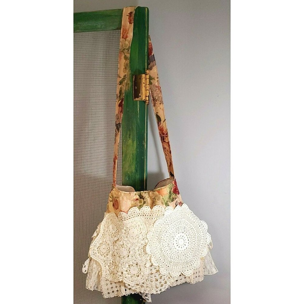 Boho Handbag Gypsy Purse Unique Hippie Bag Vintage Crochet Lace Doilies Fringe - Picture 6 of 11